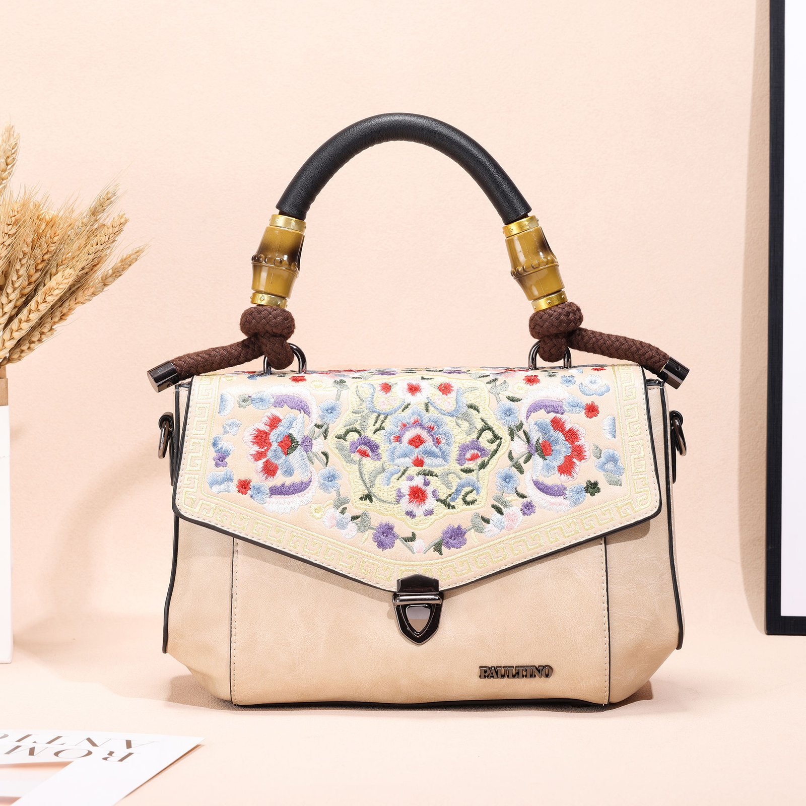 Retro Craft Embroidery Button Closure Hobos Ladies Handbag with Removable Strap
