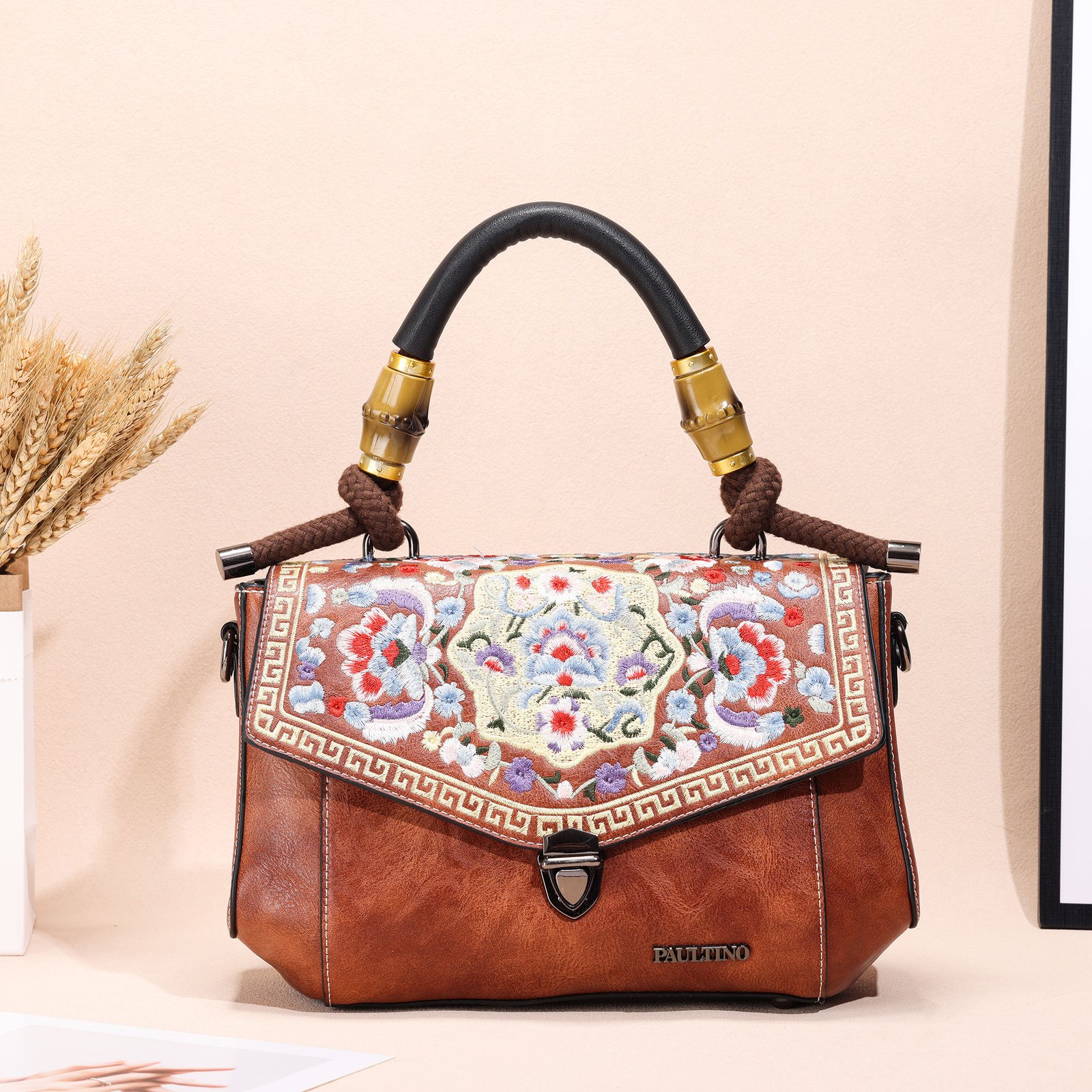 Retro Craft Embroidery Button Closure Hobos Ladies Handbag with Removable Strap