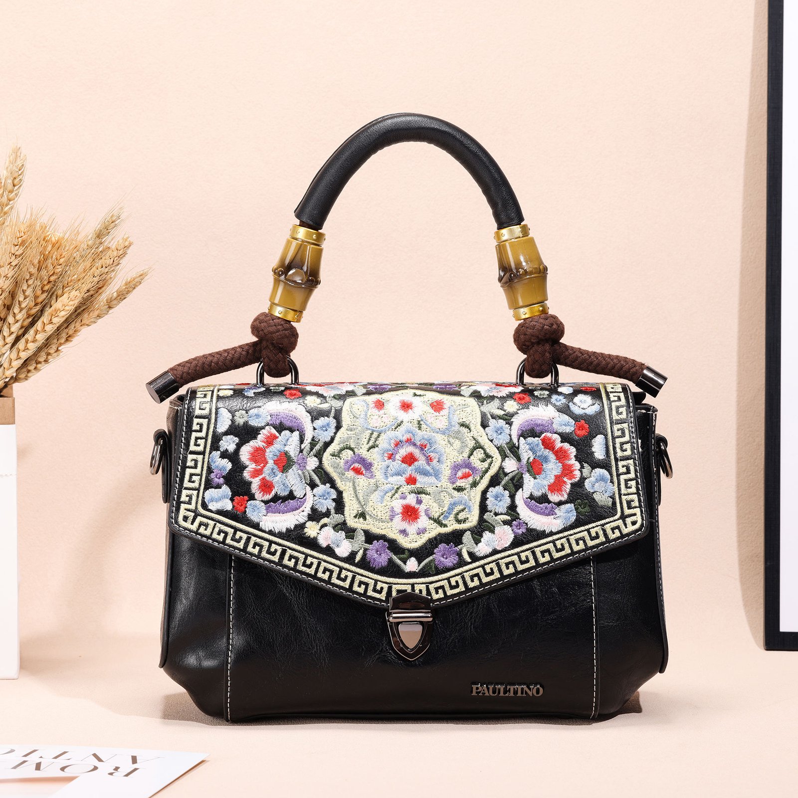 Retro Craft Embroidery Button Closure Hobos Ladies Handbag with Removable Strap